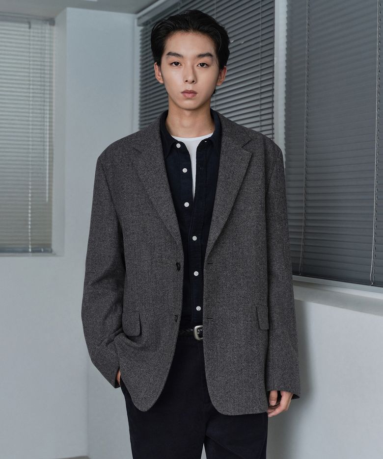 울 블렌드 헤링본 릴렉스드 블레이저 [다크 그레이]