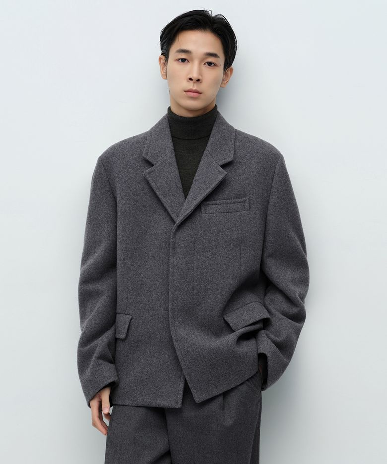 울 블렌드 멜톤 오버사이즈 쇼트 블레이저 [미디엄 그레이]