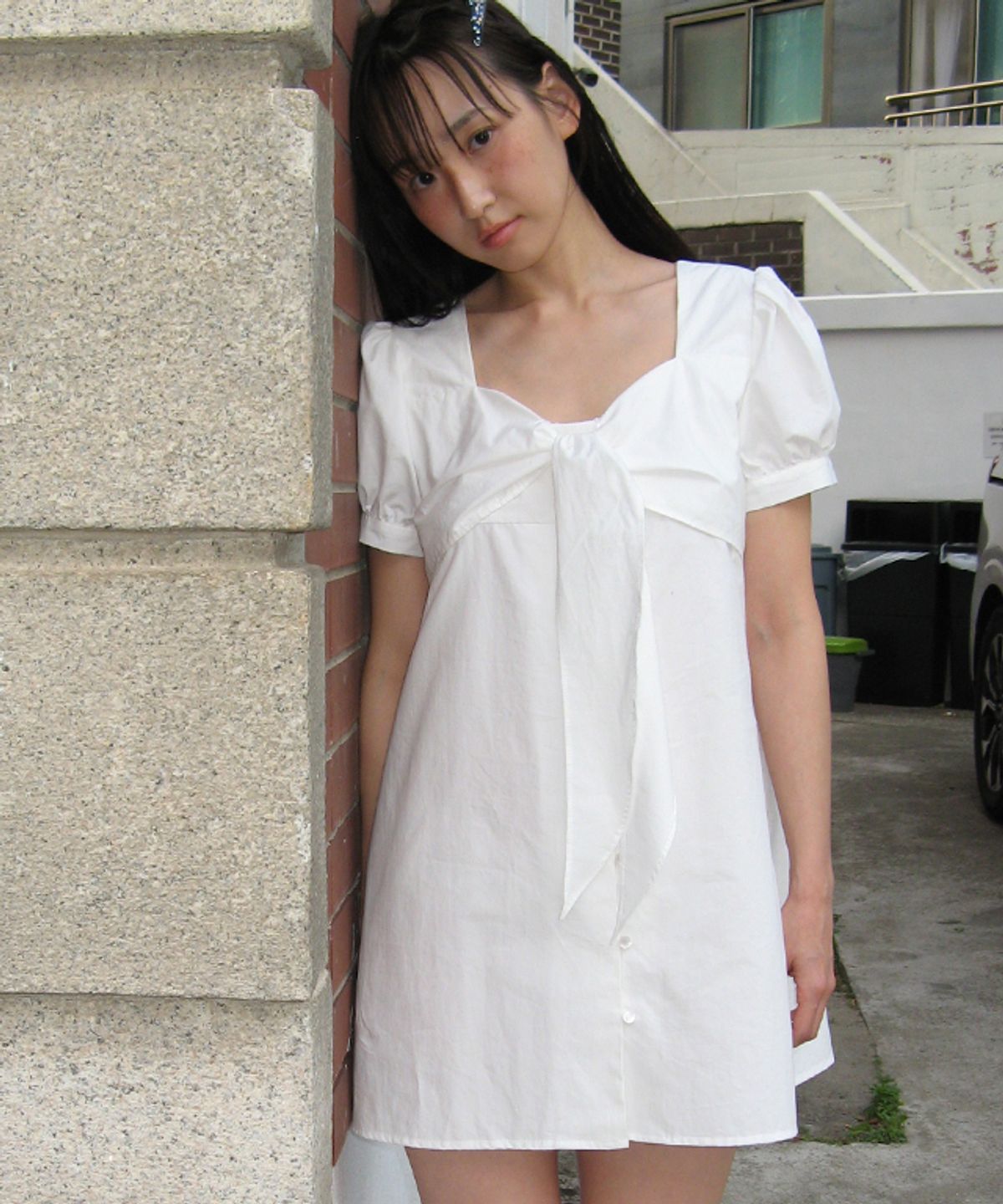론론(RONRON) RIBBON BOW HALF SLEEVE DRESS WHITE