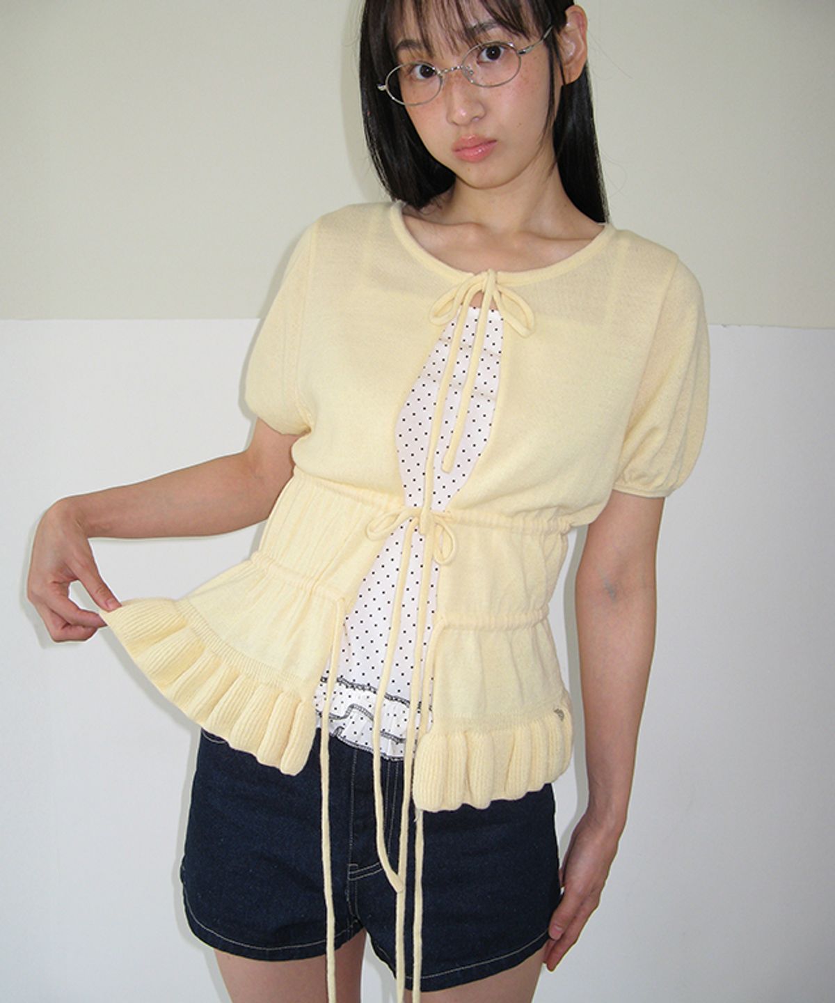 론론(RONRON) RUFFLE TEM TIE KNIT CARDIGAN SOFT YELLOW
