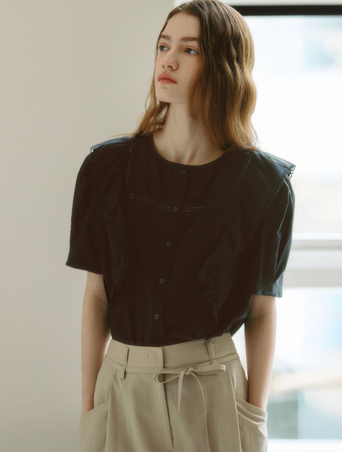그레이데시온(GRAYDATION) Ruffle Lace Blouse BLACK