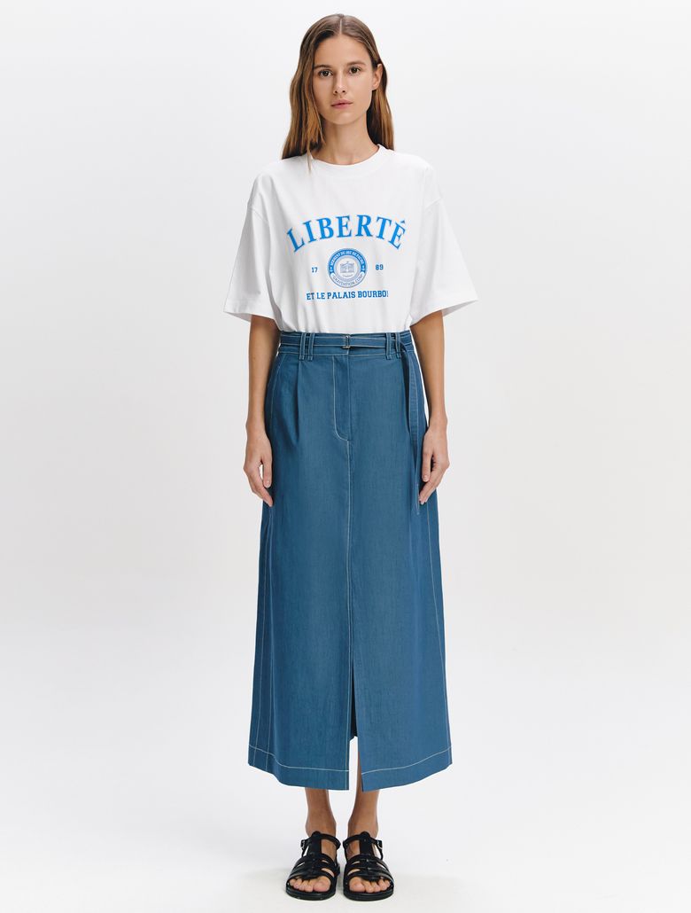 One Tuck Slit Belted Skirt BLUE