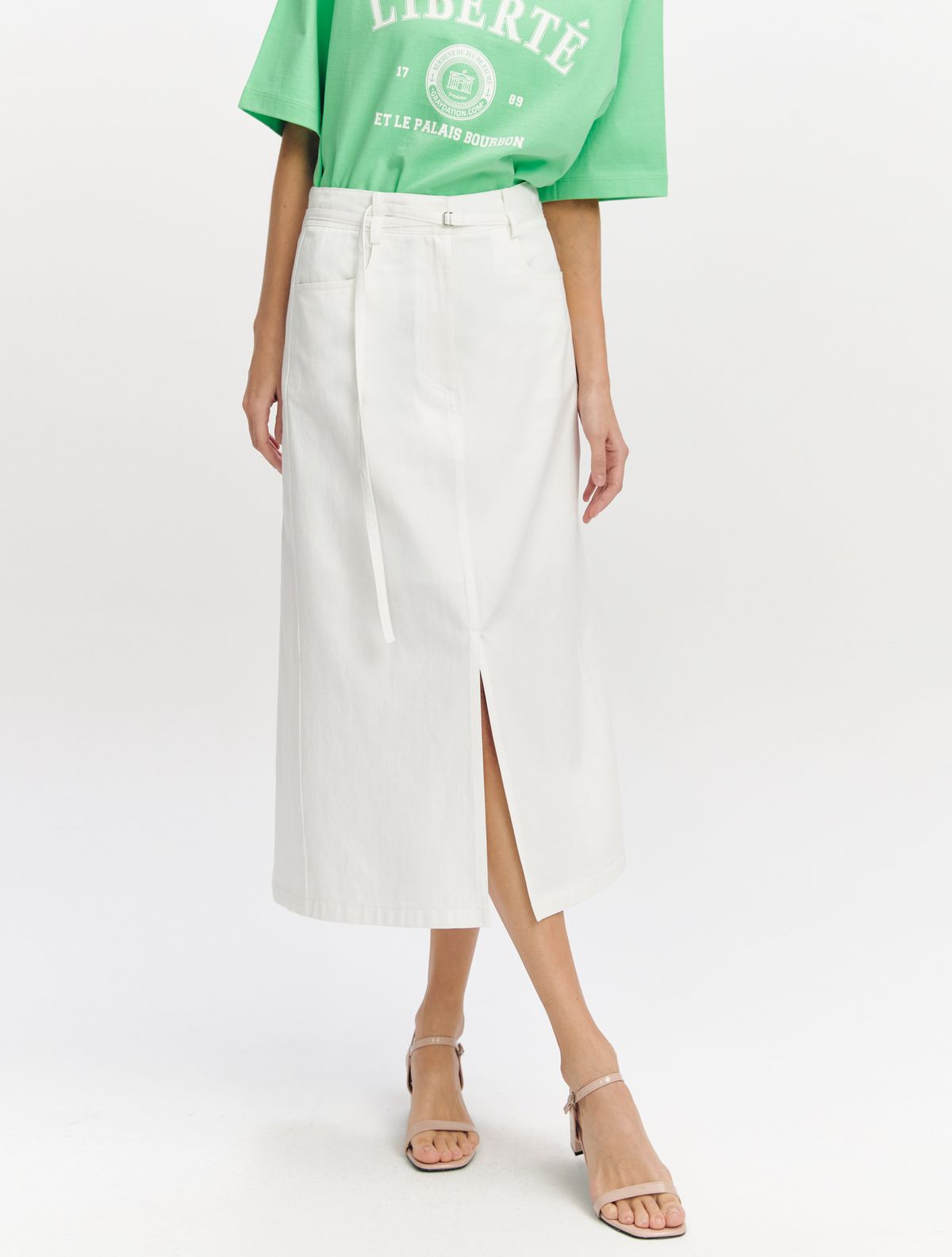 그레이데시온(GRAYDATION) Belted Slit Semi A-line Skirt OFF WHITE