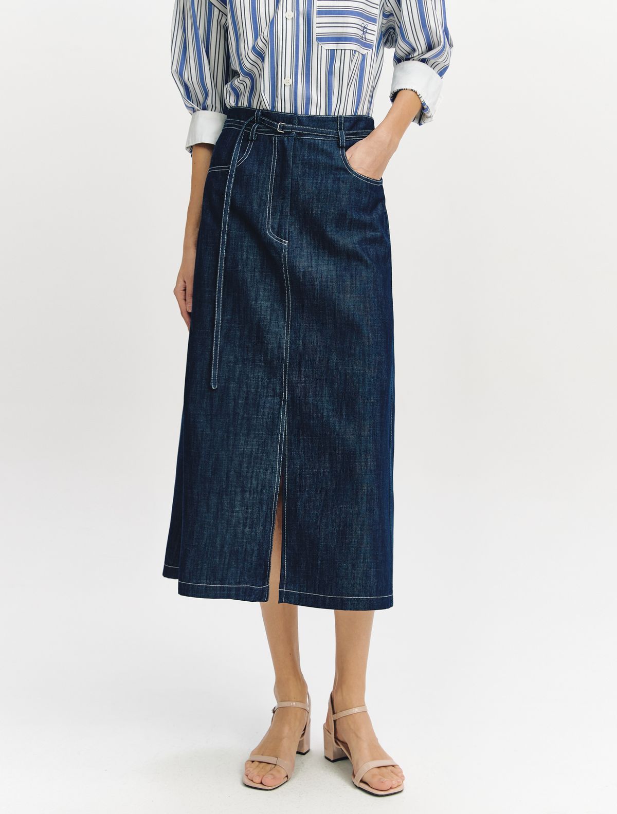 그레이데시온(GRAYDATION) Belted Slit Semi A-line Skirt BLUE