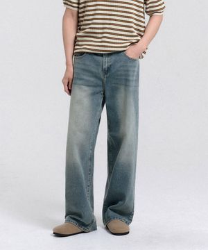빈티지 캣워싱 와이드 데님 팬츠 (Blue)