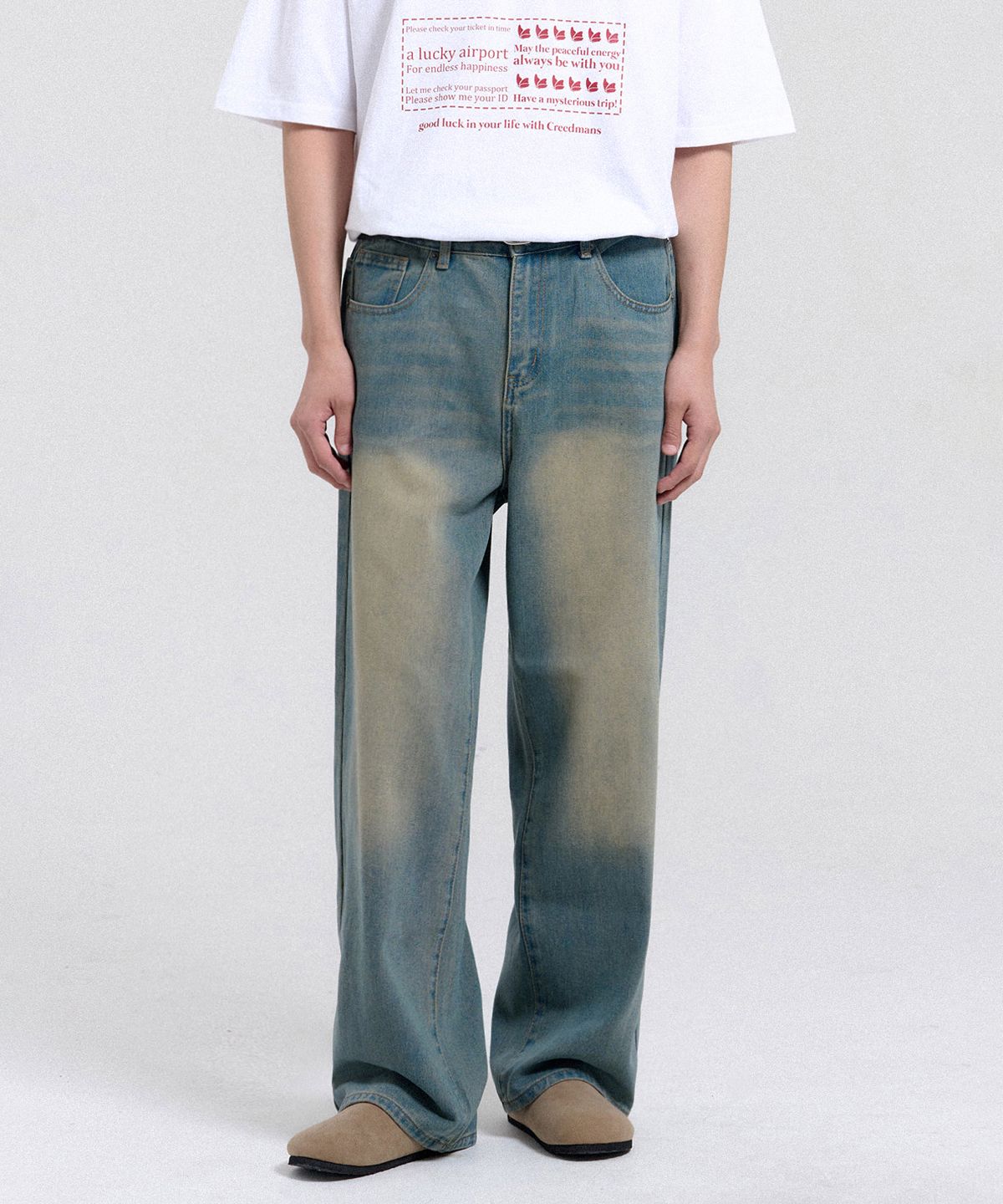 크레드먼스(CREEDMENS) 빈티지 캣워싱 와이드 데님 팬츠 (Vintage Blue)