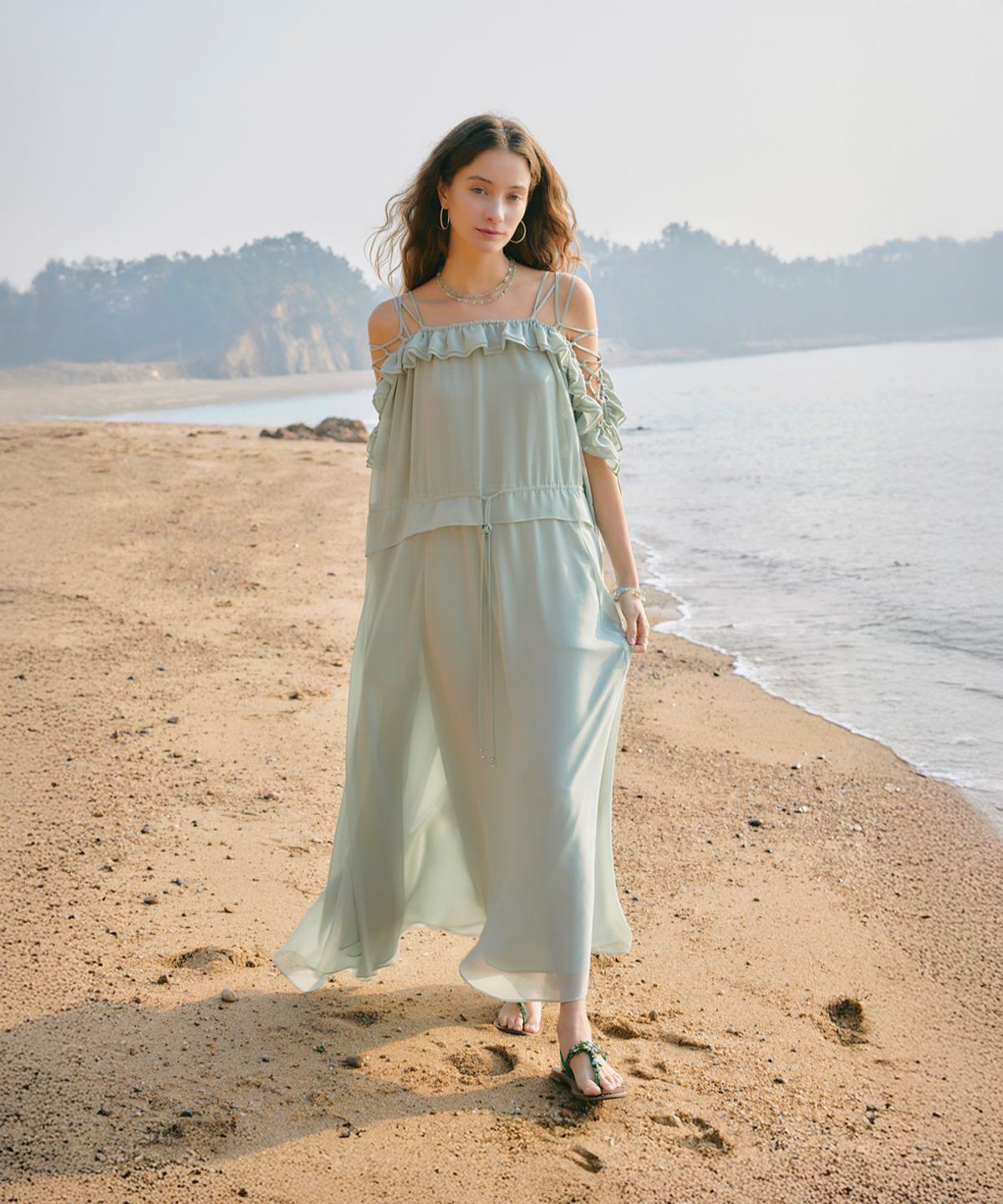 아이스가든에이오공팔(ICE GARDEN A.508) Off-shoulder chiffon dress_Seafoam Green