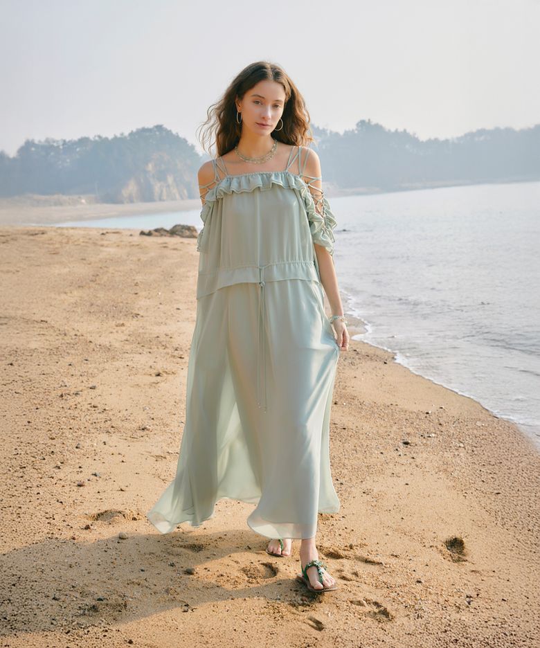 Off-shoulder chiffon dress_Seafoam Green