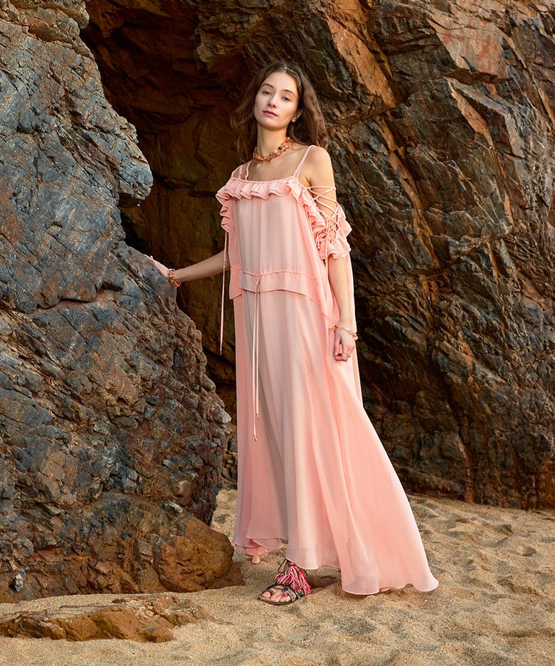 Off-shoulder chiffon dress_Peach cream