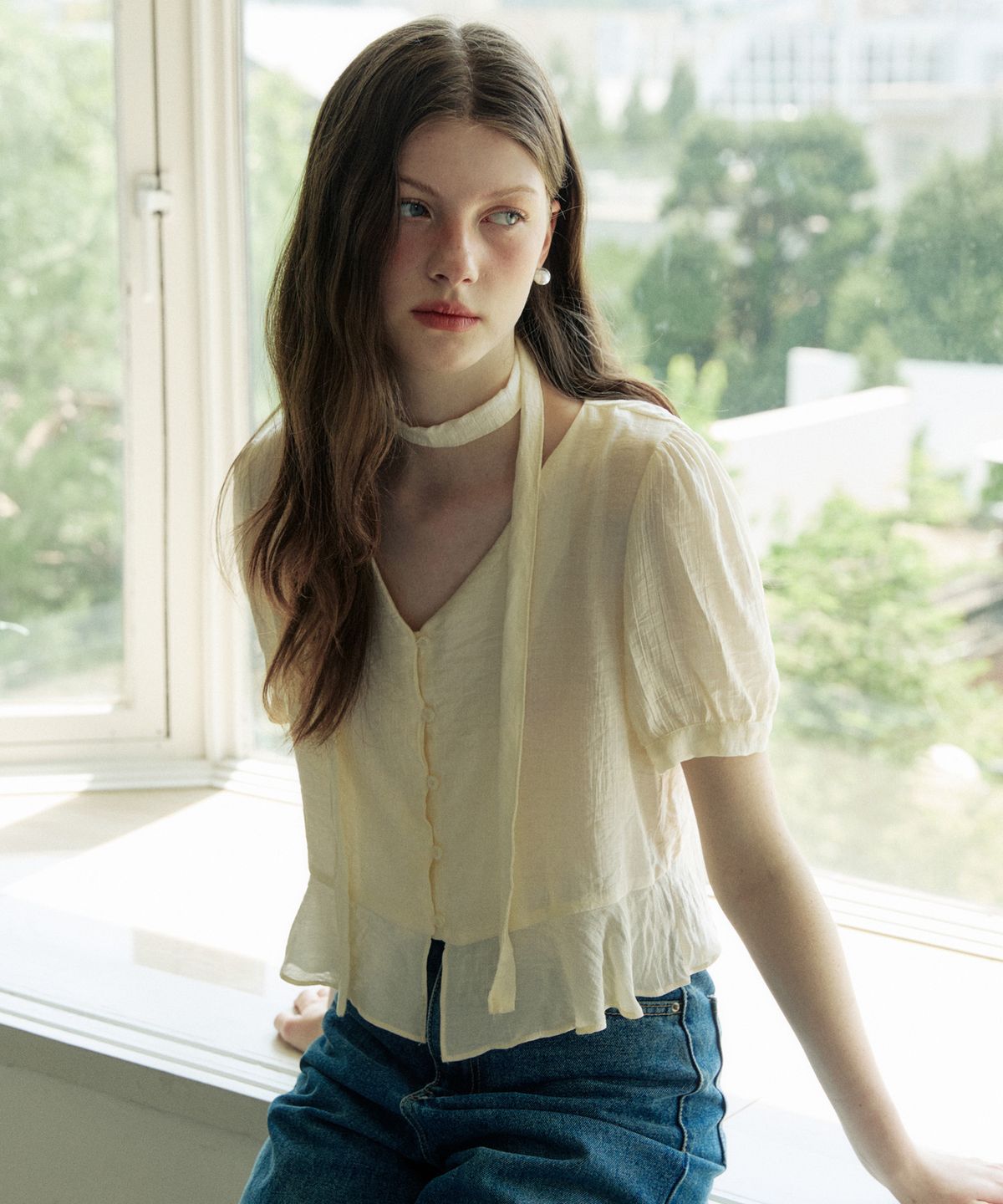 어다울(ADAUL) Sheer tie deep v neck blouse - cream