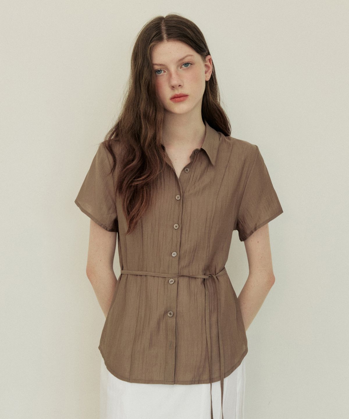 어다울(ADAUL) See through sheer belt shirt - ash brown