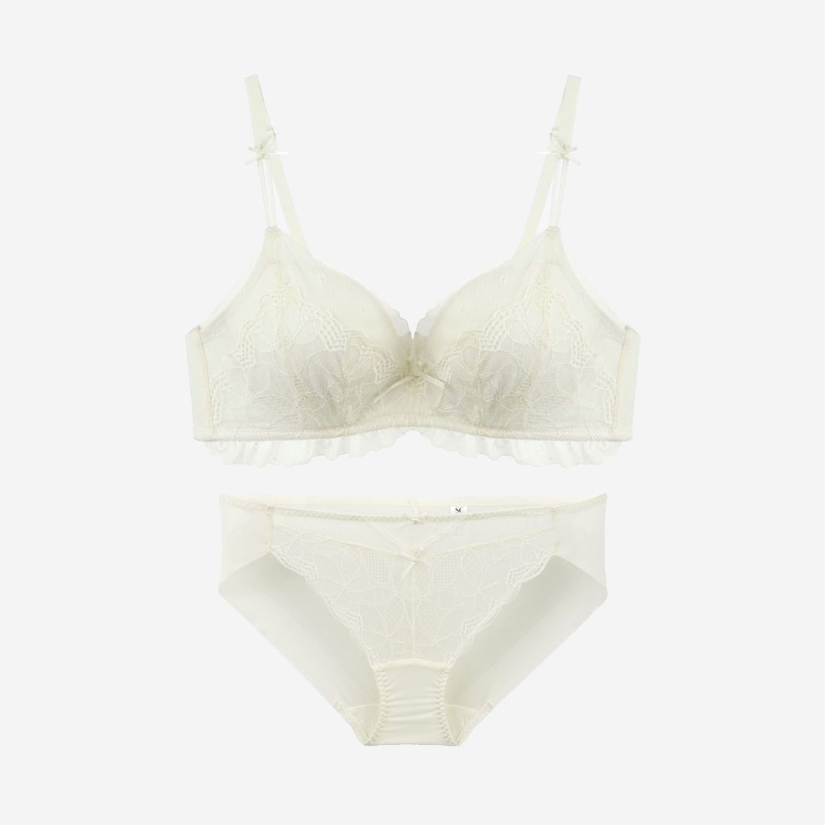 섹시쿠키(SEXY COOKIE) 셔링 레이스 푸딩몰드 브라 / 헴팬티 세트_크림