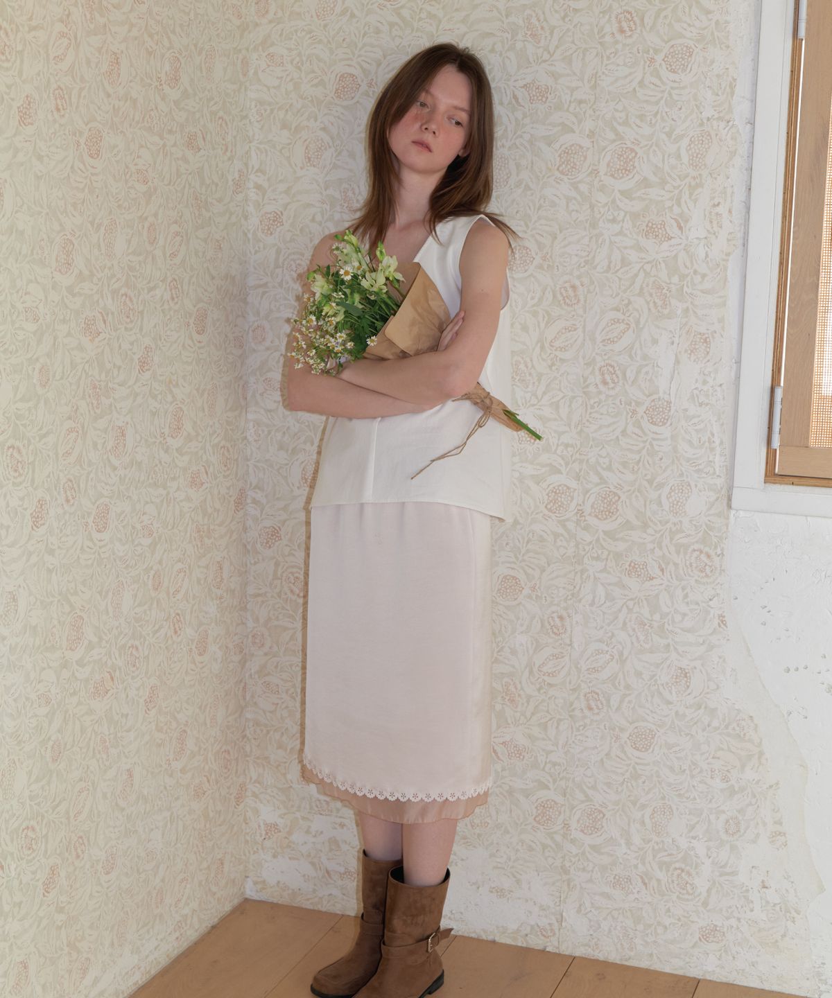 앤테(AENTE) Flower satin skirt - Pink