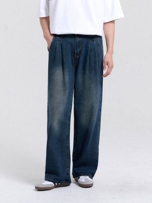 투턱 와이드 워싱 데님 팬츠 (Dark Blue)