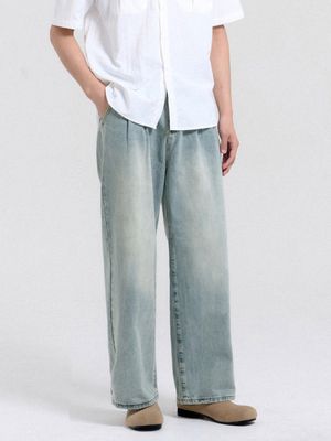 투턱 와이드 워싱 데님 팬츠 (Light Blue)