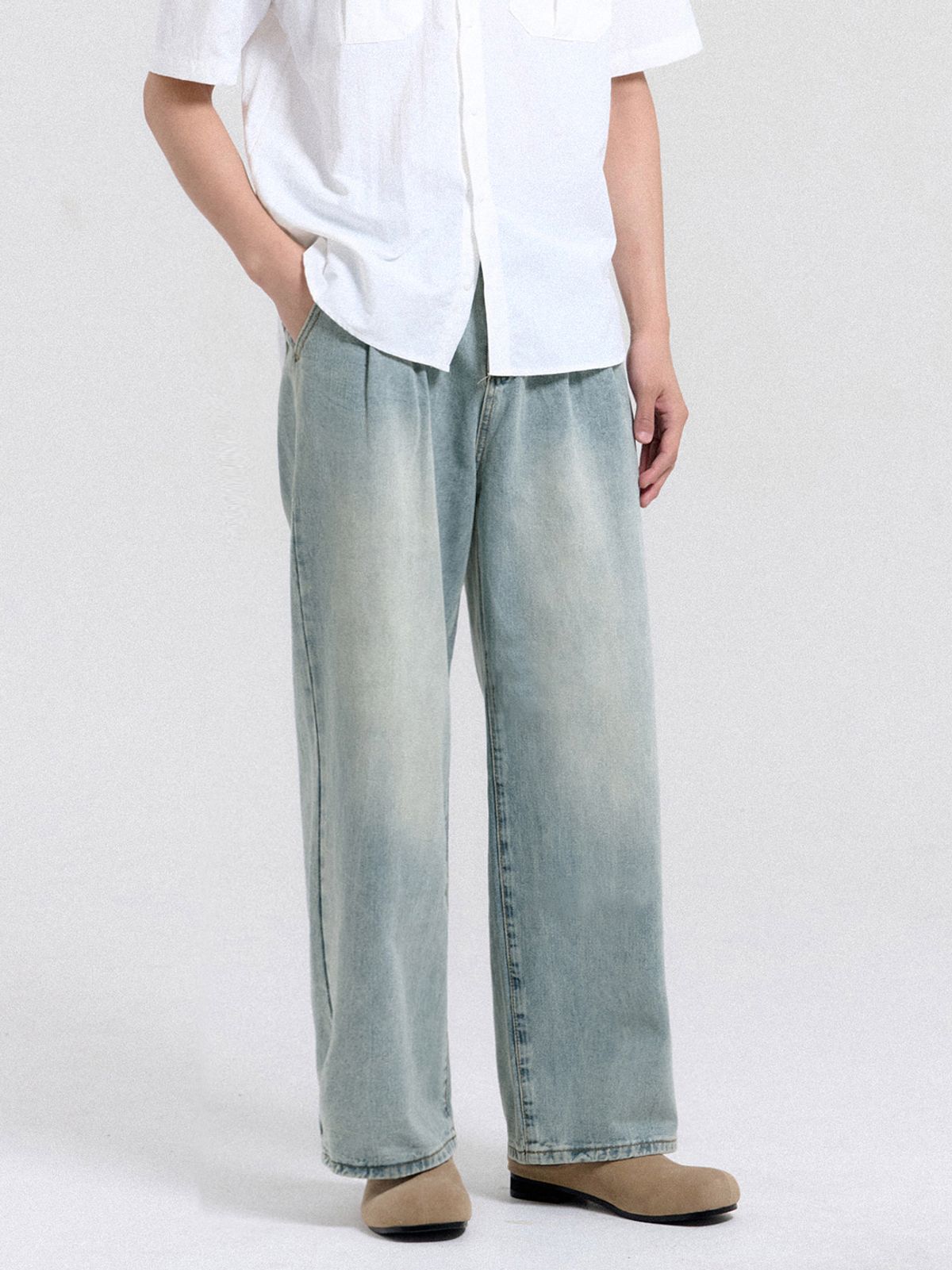 크레드먼스(CREEDMENS) 투턱 와이드 워싱 데님 팬츠 (Light Blue)
