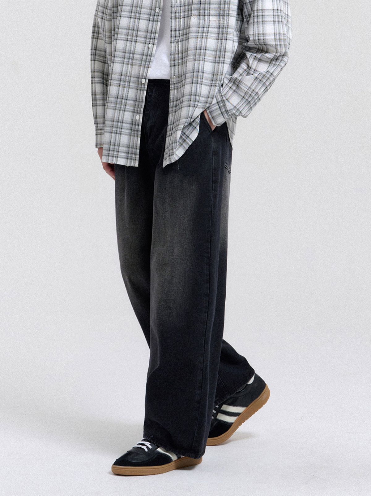 크레드먼스(CREEDMENS) 투턱 와이드 워싱 데님 팬츠 (Black)