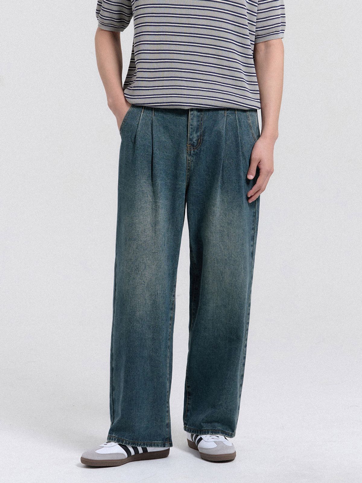 크레드먼스(CREEDMENS) 투턱 와이드 워싱 데님 팬츠 (Blue)