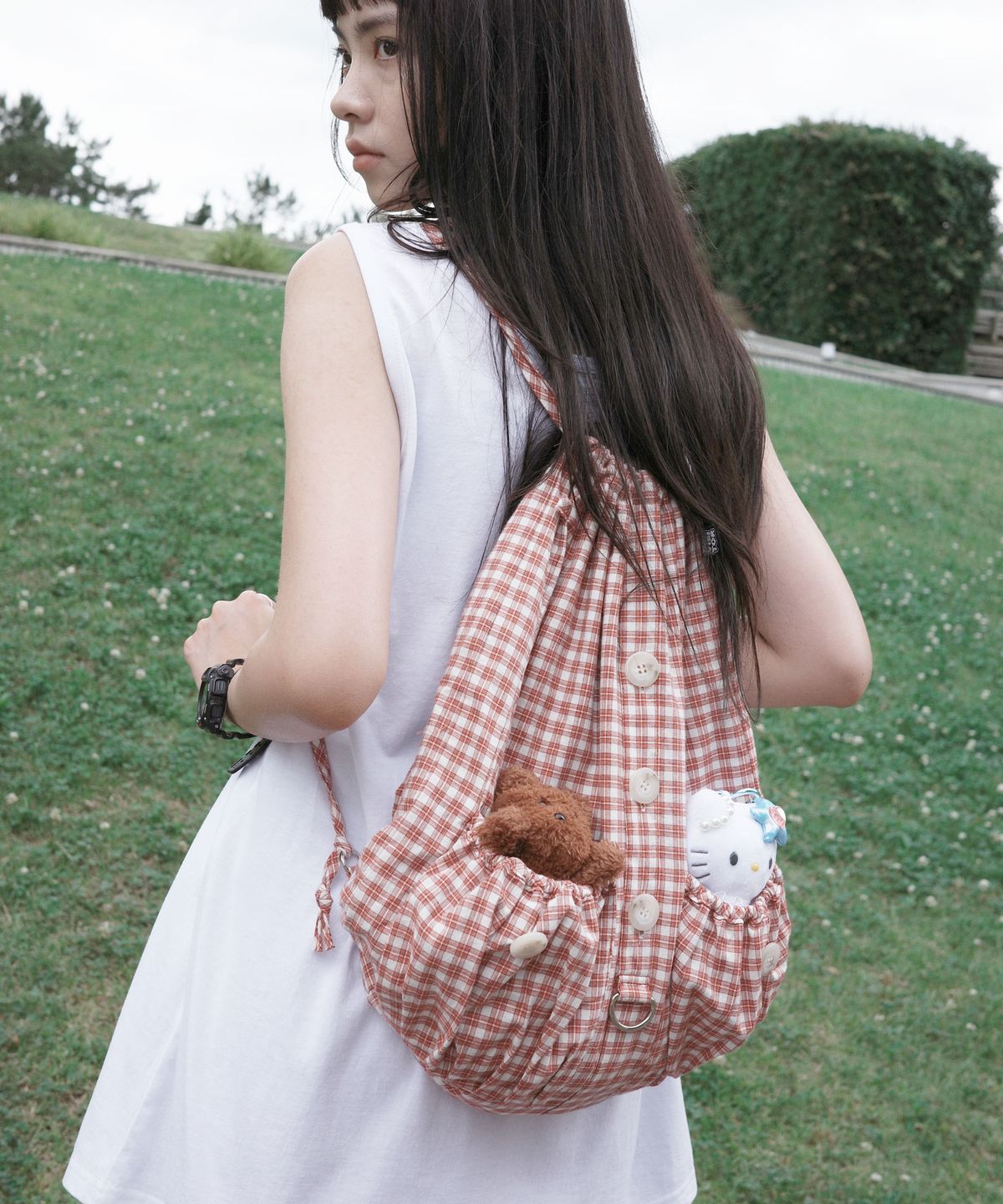 원더비지터(WONDERVISITOR) Check-shirt String Bag [Red]