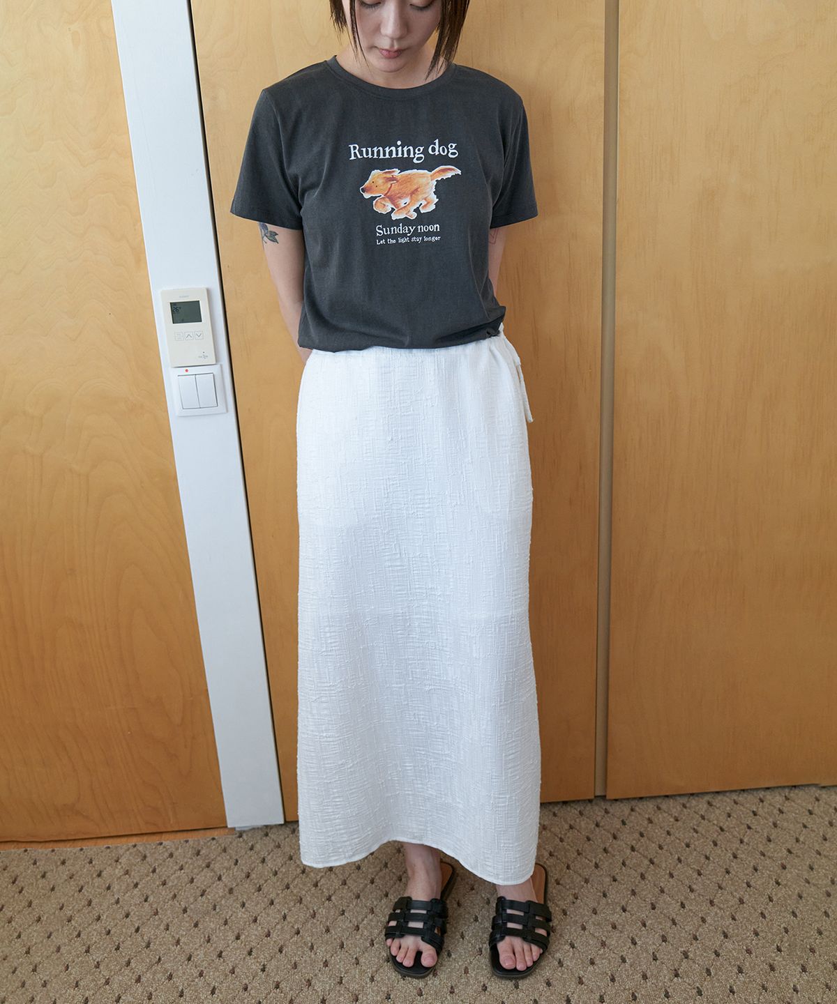 스텝어라운드(STEP AROUND) Tweed drawstring long skirt_WHITE
