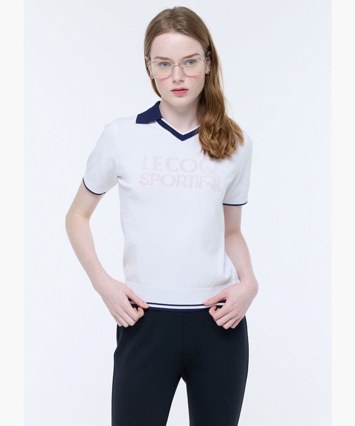 르꼬끄 골프(LECOQ GOLF) 여성 레터링 조직 반팔 카라 스웨터 (GQ322LKP71)
