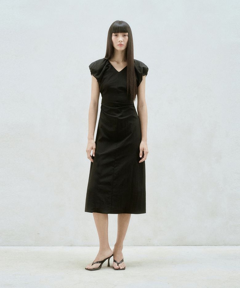 SLIT BACK PUFF SLEEVE MIDI DRESS
