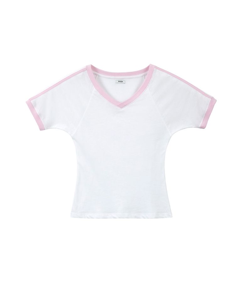lotsyou_V neck Ringer T-shirts Light Pink