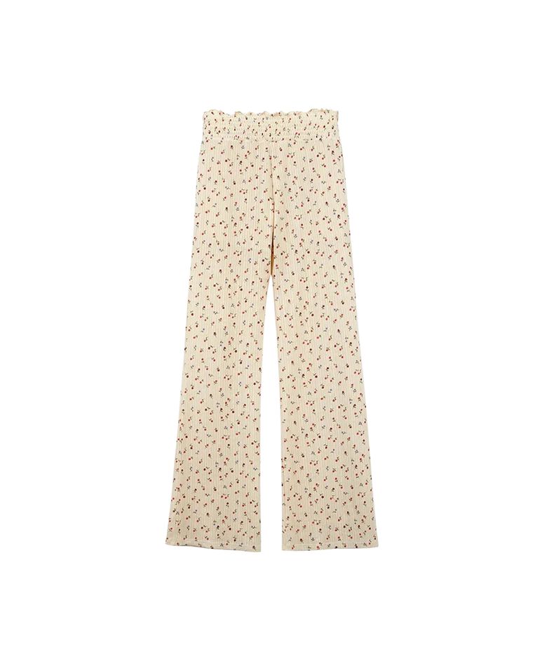 lotsyou_Shirring Boot Cut Pants Flower Beige