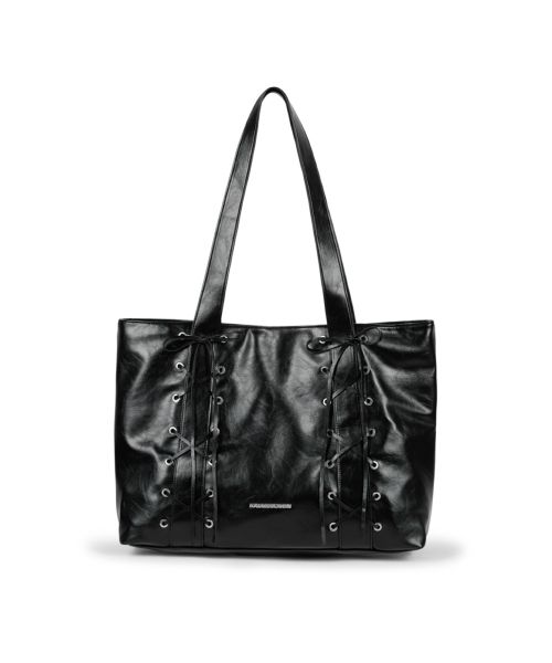 Eyelet Ribbon Leather Shoulder Bag (Black)