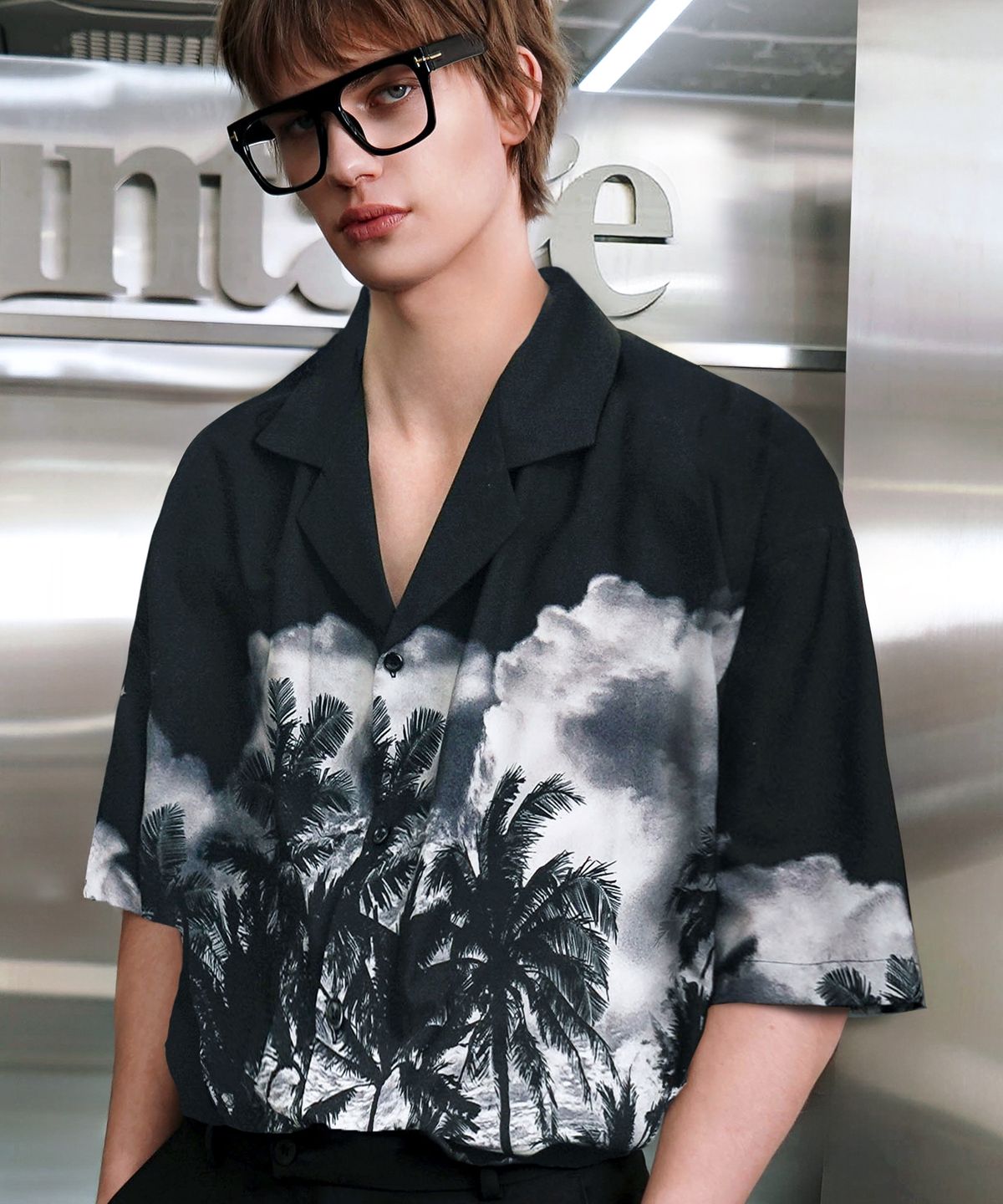 언티지(UNTAGE) 야자수 프린트 볼링 셔츠[Black(UNISEX)]_UTS-SS11