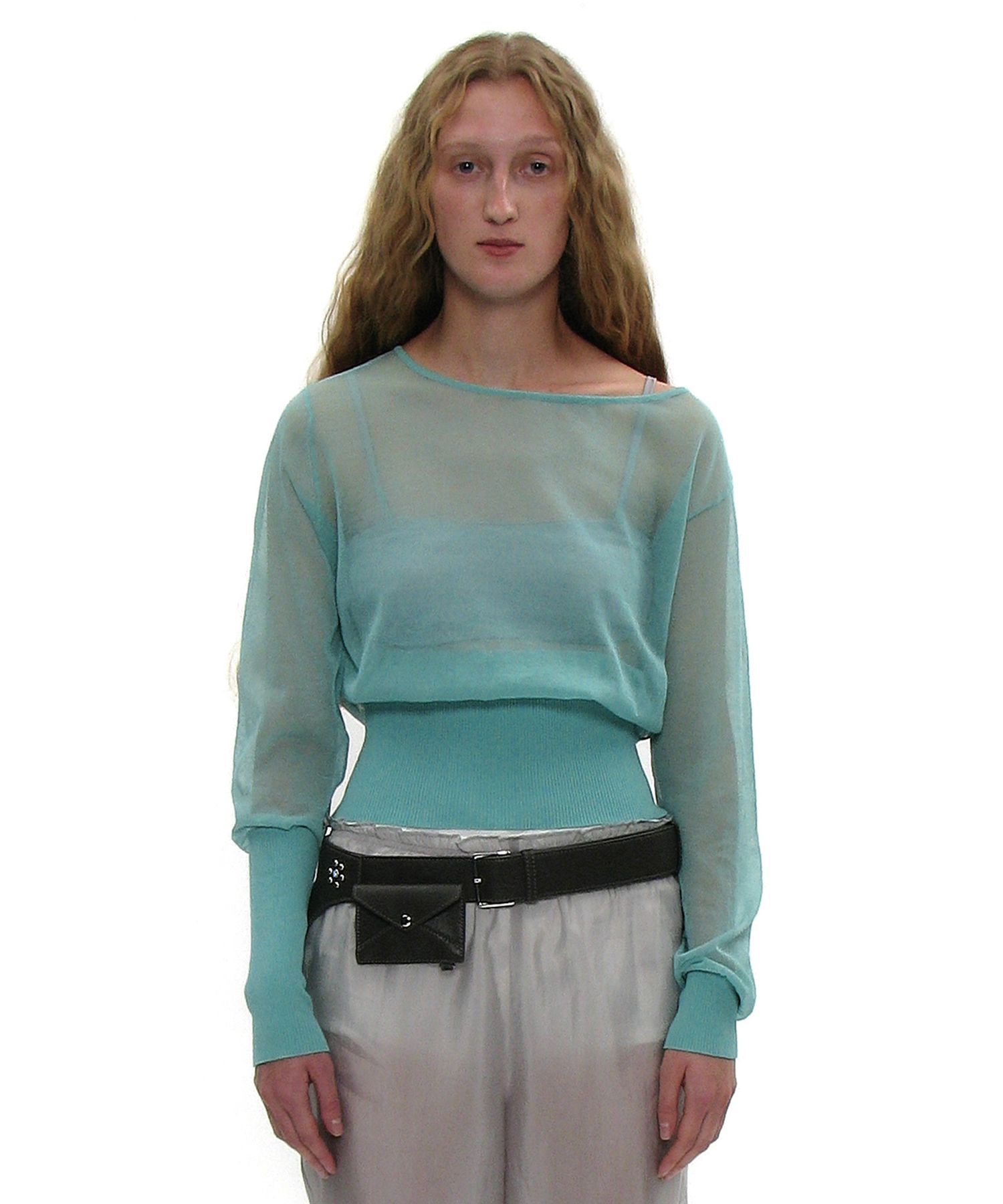 MUSINSA | PARTIMENTO WOMEN Asymmetrical Sheer Knit Top_Emerald