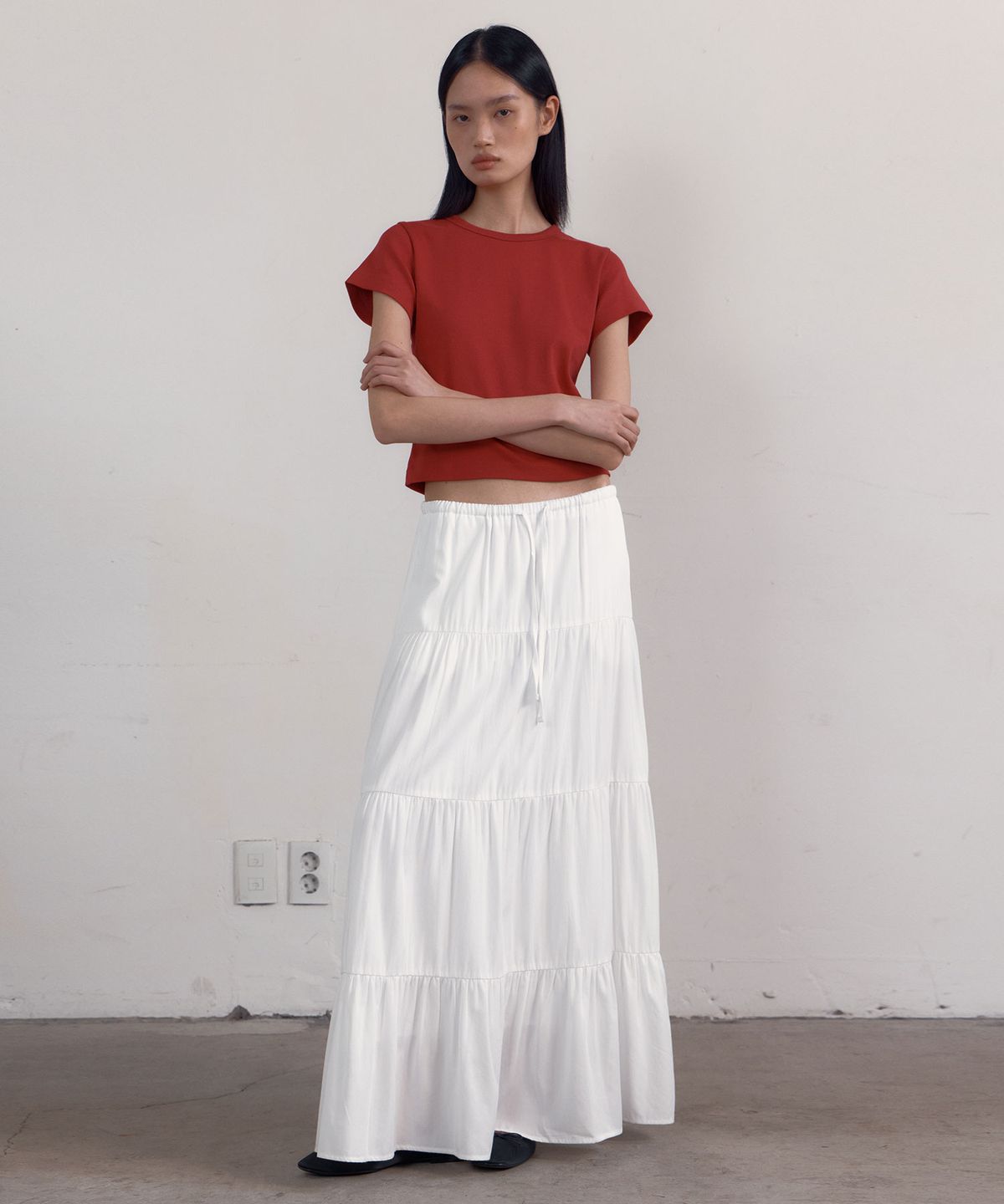 38컴온커먼(38COMEONCOMMON) Shirring Tiered Banding Skirts (White) - Short Length