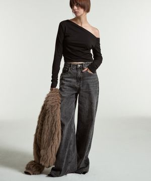 Stack wide denim pants (Grey)