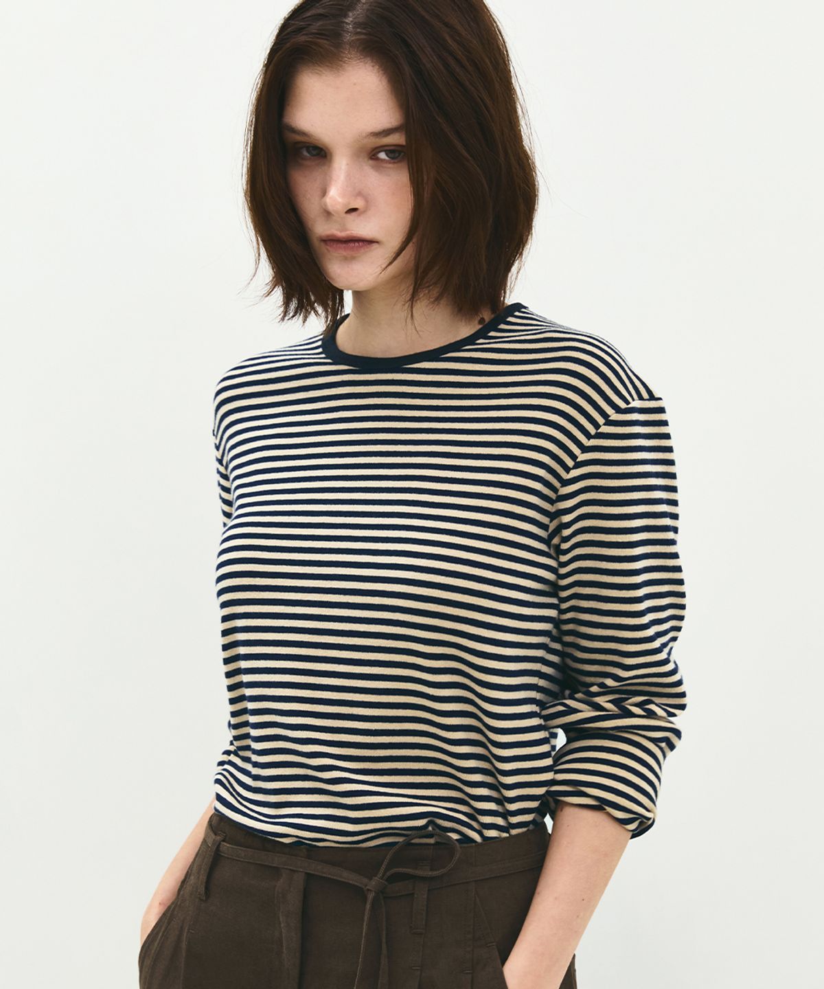 러프사이드 화이트라벨(ROUGH SIDE WHITE LABEL) Comfy Stripe Long Sleeve Beige