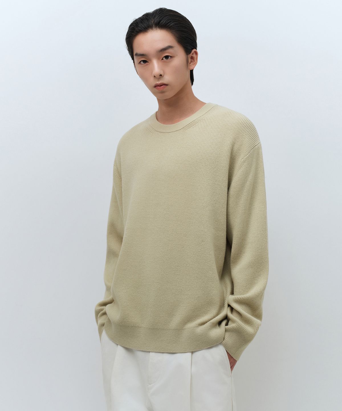 무신사 스탠다드(MUSINSA STANDARD) [빅토리아 울] 미니멀 리브드 크루 넥 니트 [민트 그레이]
