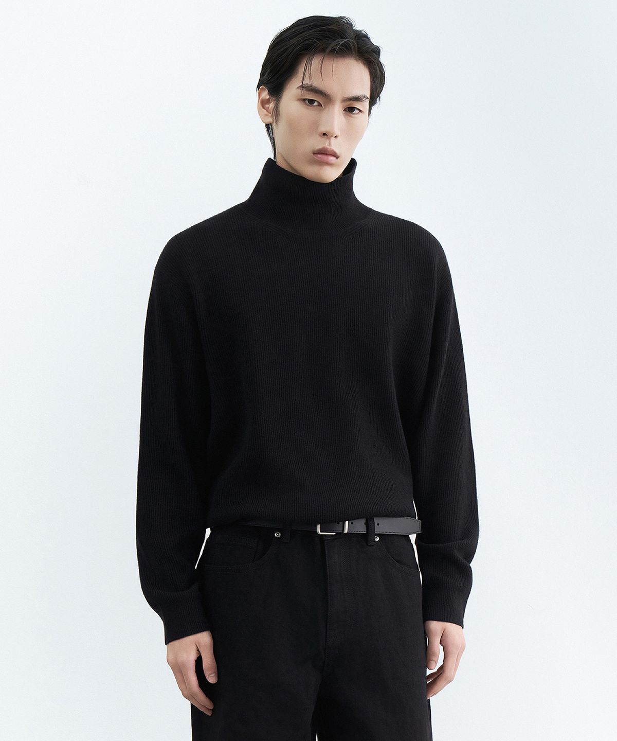무신사 스탠다드(MUSINSA STANDARD) [스토커즈 컬래버][빅토리아 울] 미니멀 리브드 터틀 넥 니트 [블랙]