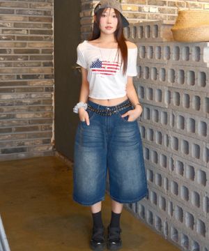 캣브러쉬 워시드 자이언트 빅 버뮤다 데님 쇼츠 8부