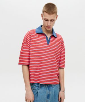 스트라이프 테리 폴로 티셔츠 레드