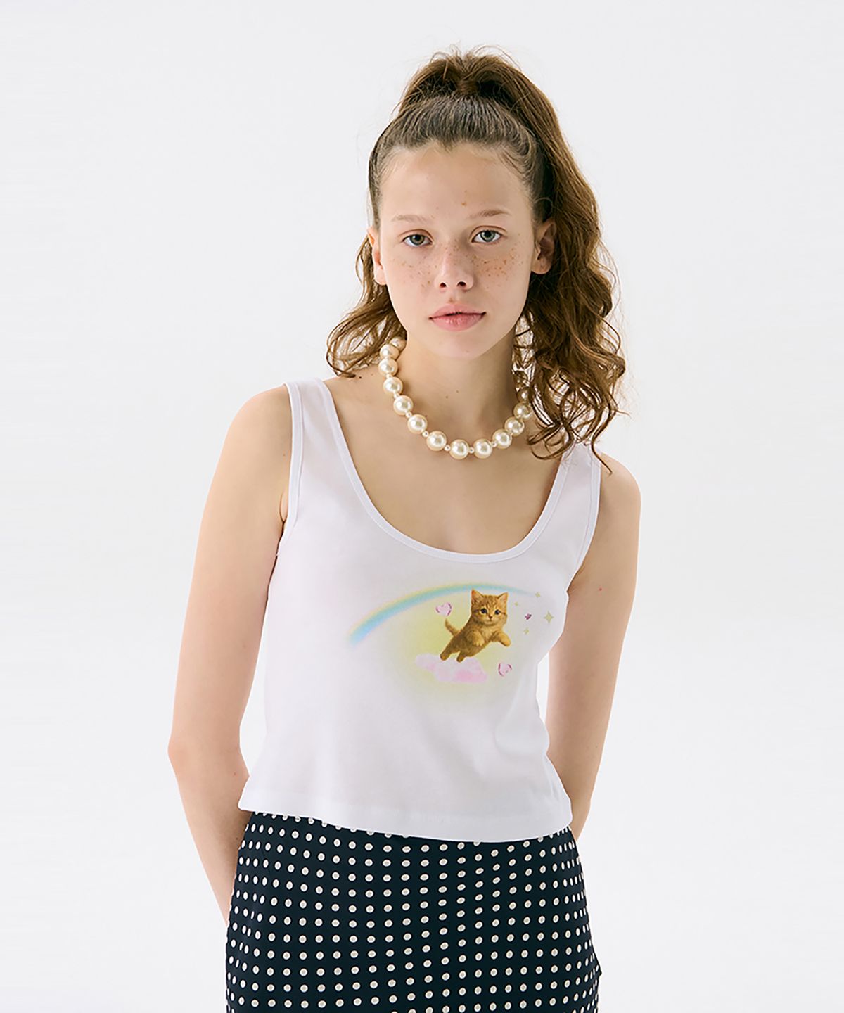 준준스페이스(JUNEJUNE SPACE) Cat Printed Sleeveless T_White(고양이 프린트 민소매 티셔츠_화이트)