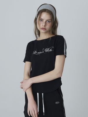 레터링 큐빅 보트넥 티셔츠 - 블랙