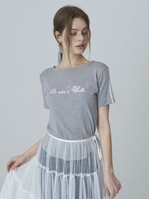 레터링 큐빅 보트넥 티셔츠 - 그레이