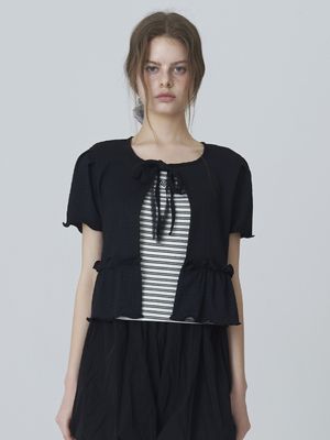 리본 레이스 프릴 가디건 - 블랙