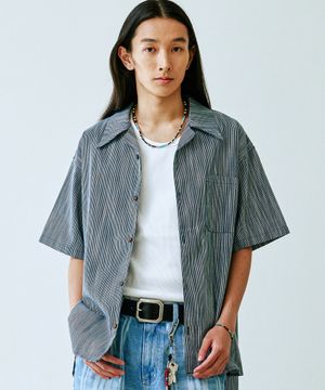 아오이로 스트라이프 오픈 카라 셔츠