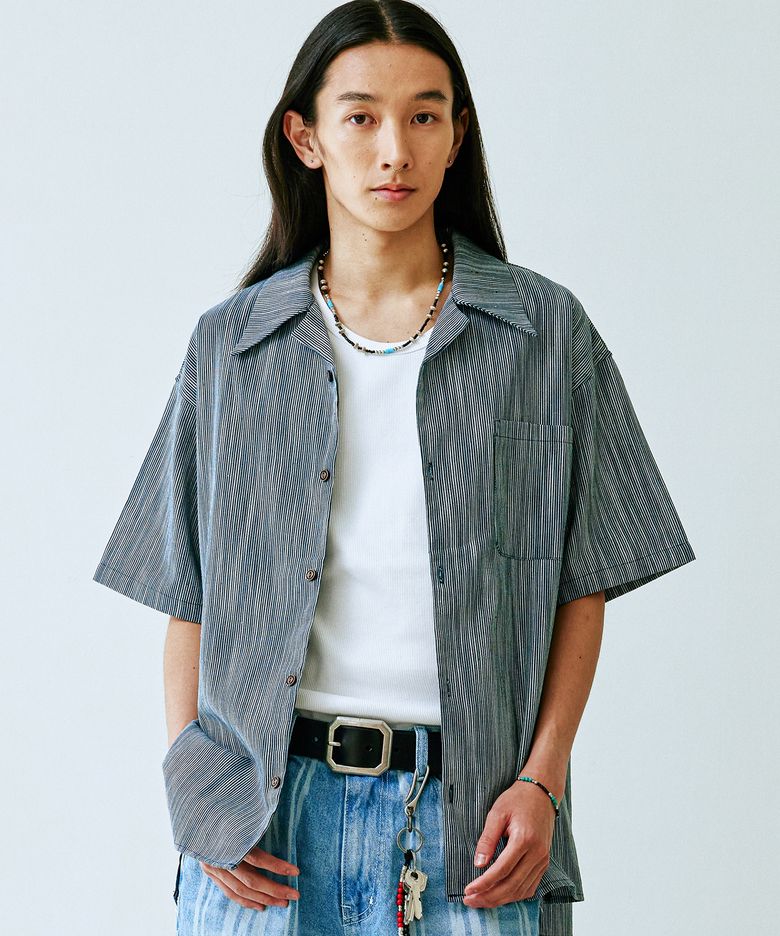 아오이로 스트라이프 오픈 카라 셔츠