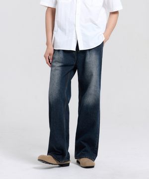 오너 하프밴딩 원턱 와이드 워싱 데님 팬츠 (Dark Blue)