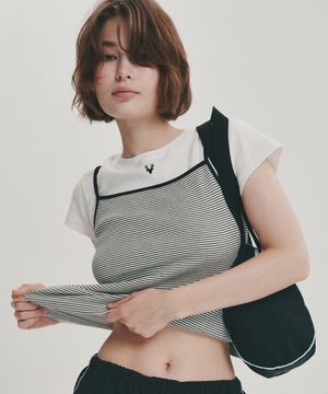 라벨 디테일 스트라이프 슬리브리스 (아이보리)