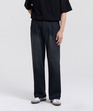 오너 하프밴딩 원턱 와이드 워싱 데님 팬츠 (Black)