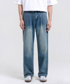 오너 하프밴딩 원턱 와이드 워싱 데님 팬츠 (Blue)