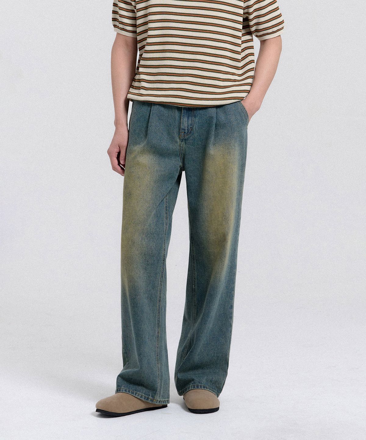 크레드먼스(CREEDMENS) 오너 하프밴딩 원턱 와이드 워싱 데님 팬츠 (Vintage Blue)