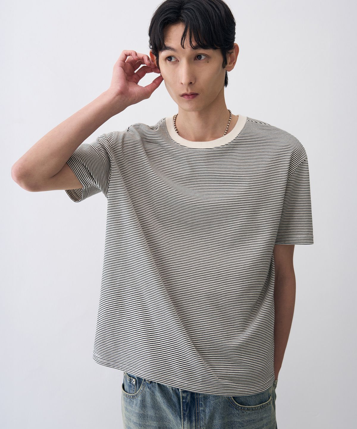 드로우핏(DRAW FIT) 헤일 코튼 크롭 하프 스트라이프 티셔츠 [WHITE]
